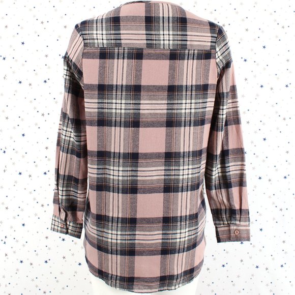 Mauve Navy Lace Up Front Plaid Top - Picture 6 of 9